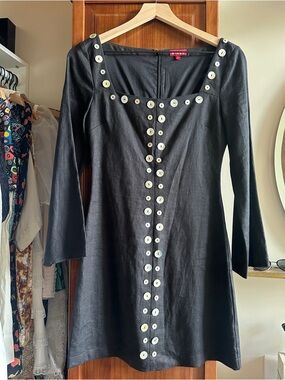 Staud Black Linen Shell Button-Trim Square Neck Dress 0 XS
